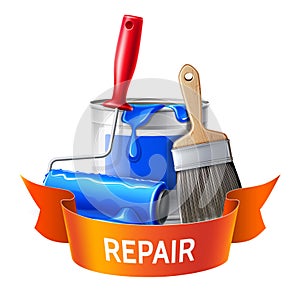 Vector 3d wall painter tool brush roller bucket