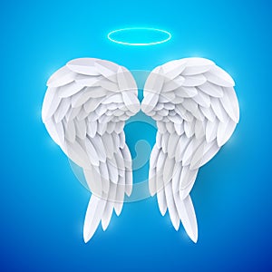 Vector 3d white realistic layered paper cut angel wings