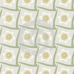 Vector Daffodil Flowers in Yellow Beige with Geen Leaves on Beige Background Seamless Repeat Pattern. Background for