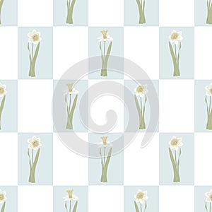 Vector Daffodil Flowers in Yellow White Green on Light Blue White Squares Seamless Repeat Pattern. Background for