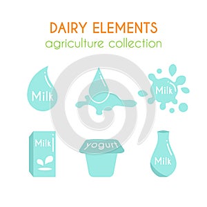 Vector dairy illustrations. Milk and yogurt icons design. Milk drops. Flat argiculture collection.