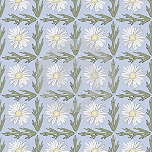 Vector Daisy Flowers in White Yellow Green on Blue Background Seamless Repeat Pattern. Background for textiles, cards