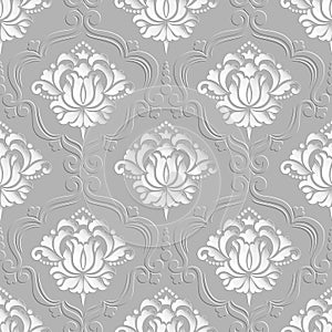 Vector damask seamless pattern background. 3D elements with shadows and highlights. Paper cut.