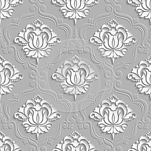 Vector damask seamless pattern background. 3D elements with shadows and highlights. Paper cut.
