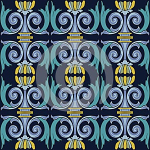 Vector damask seamless pattern background round curve cross spiral leaf frame flower