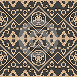 Vector damask seamless retro pattern background aboriginal round check cross frame line. Elegant luxury brown tone design for