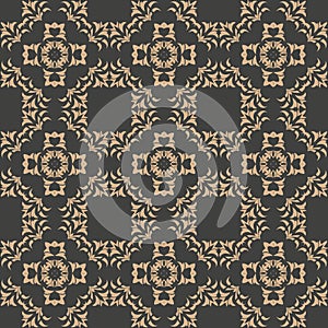 Vector damask seamless retro pattern background botanic garden spiral curve cross frame leaf vine flower. Elegant luxury brown