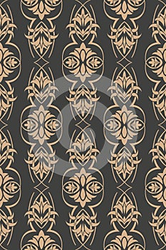 Vector damask seamless retro pattern background botanic garden spiral curve cross frame leaf vine flower. Elegant luxury brown