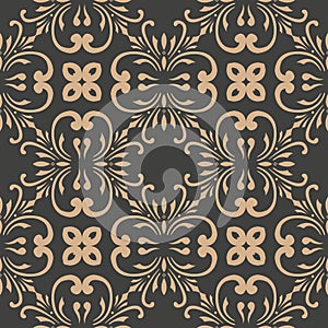 Vector damask seamless retro pattern background botanic garden spiral curve cross frame leaf vine flower. Elegant luxury brown