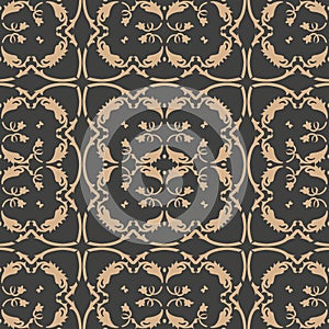 Vector damask seamless retro pattern background botanic garden spiral curve cross frame leaf vine flower. Elegant luxury brown