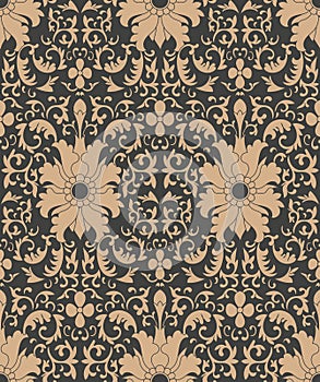 Vector damask seamless retro pattern background botanic garden spiral curve cross leaf frame vine flower. Elegant luxury brown