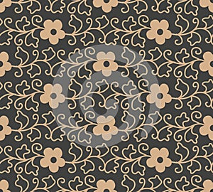 Vector damask seamless retro pattern background botanic garden spiral curve cross leaf vine flower. Elegant luxury brown tone