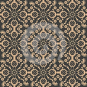 Vector damask seamless retro pattern background botanic garden spiral curve cross plant leaf vine flower. Elegant luxury brown