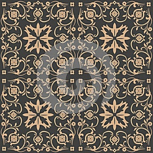 Vector damask seamless retro pattern background botanic garden spiral curve cross plant vine leaf flower. Elegant luxury brown