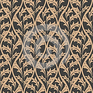 Vector damask seamless retro pattern background check spiral curve cross botanic garden leaf vine. Elegant luxury brown tone