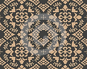 Vector damask seamless retro pattern background curve cross botanic garden leaf flower. Elegant luxury brown tone design for