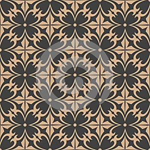 Vector damask seamless retro pattern background curve cross flower frame kaleidoscope. Elegant luxury brown tone design for