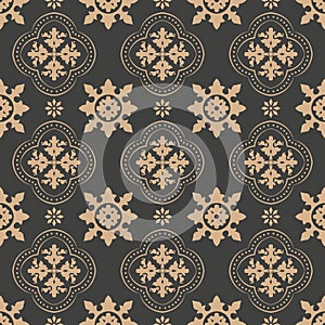 Vector damask seamless retro pattern background curve cross frame line flower. Elegant luxury brown tone design for wallpapers,