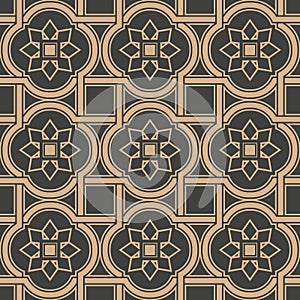 Vector damask seamless retro pattern background curve cross square frame line flower. Elegant luxury brown tone design for