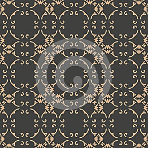 Vector damask seamless retro pattern background curve round cross frame vine leaf kaleidoscope. Elegant luxury brown tone design