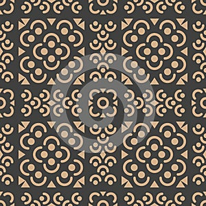 Vector damask seamless retro pattern background curve round dot cross kaleidoscope flower. Elegant luxury brown tone design for