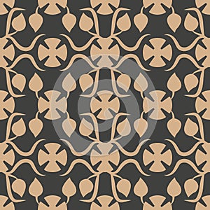 Vector damask seamless retro pattern background curve spiral cross vine leaf flower. Elegant luxury brown tone design for
