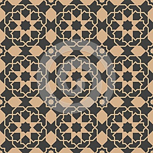 Vector damask seamless retro pattern background Islamic geometry polygon cross star frame kaleidoscope. Elegant luxury brown tone