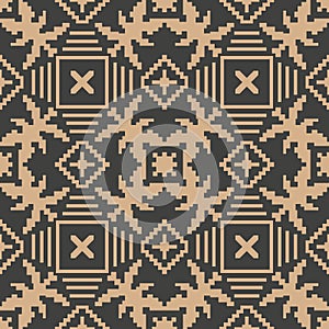 Vector damask seamless retro pattern background mosaic pixel square cross plant leaf kaleidoscope. Elegant luxury brown tone