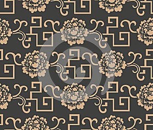 Vector damask seamless retro pattern background oriental geometry spiral cross frame lattice leaf vine chain flower. Elegant