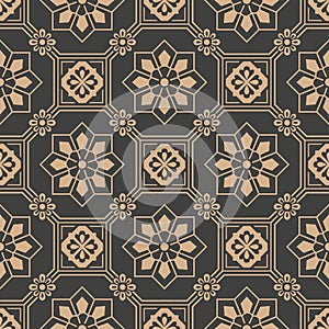 Vector damask seamless retro pattern background oriental octagon square geometry cross frame flower. Elegant luxury brown tone