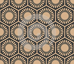 Vector damask seamless retro pattern background oriental polygon geometry round cross frame flower. Elegant luxury brown tone