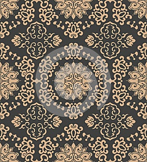 Vector damask seamless retro pattern background oriental polygon spiral curve cross frame vine leaf flower chain. Elegant luxury