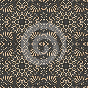 Vector damask seamless retro pattern background oriental round spiral curve cross frame vine leaf flower chain. Elegant luxury