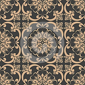 Vector damask seamless retro pattern background oriental round spiral curve cross frame vine leaf flower chain. Elegant luxury