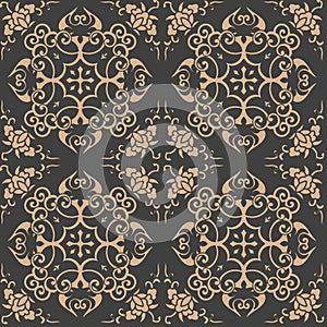 Vector damask seamless retro pattern background oriental round spiral curve cross frame vine leaf flower chain. Elegant luxury