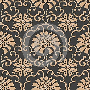 Vector damask seamless retro pattern background oriental round spiral curve cross frame vine leaf flower peony chain. Elegant