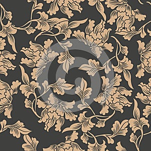 Vector damask seamless retro pattern background oriental spiral curve cross botanic garden leaf vine frame. Elegant luxury brown