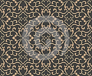 Vector damask seamless retro pattern background oriental spiral curve cross frame leaf vine flower chain. Elegant luxury brown