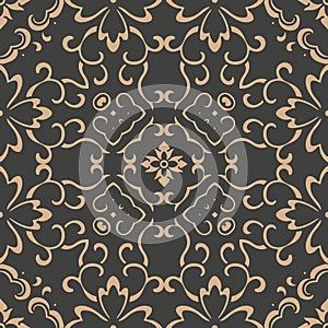 Vector damask seamless retro pattern background oriental spiral curve cross frame leaf vine flower chain. Elegant luxury brown