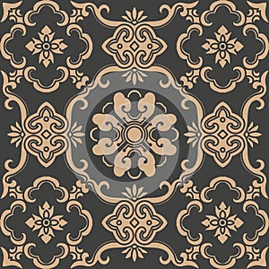 Vector damask seamless retro pattern background oriental spiral curve cross frame leaf vine flower chain. Elegant luxury brown