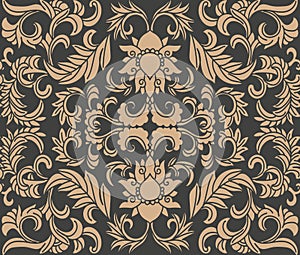 Vector damask seamless retro pattern background oriental spiral curve cross frame leaf vine flower. Elegant luxury brown tone