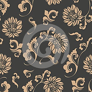 Vector damask seamless retro pattern background oriental spiral curve cross frame leaf vine flower. Elegant luxury brown tone