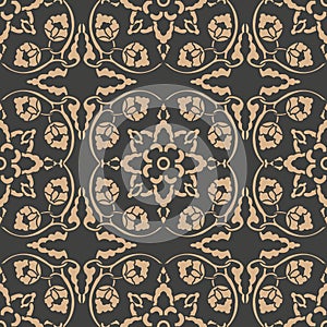 Vector damask seamless retro pattern background oriental spiral curve cross frame vine leaf flower. Elegant luxury brown tone