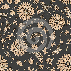 Vector damask seamless retro pattern background oriental spiral curve cross frame vine leaf flower. Elegant luxury brown tone