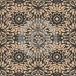 Vector damask seamless retro pattern background oriental spiral curve cross frame vine leaf flower. Elegant luxury brown tone