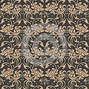 Vector damask seamless retro pattern background oriental spiral curve cross frame vine leaf flower. Elegant luxury brown tone