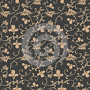 Vector damask seamless retro pattern background oriental spiral curve cross frame vine leaf flower. Elegant luxury brown tone