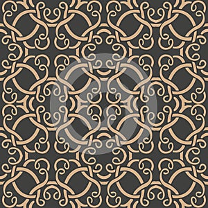 Vector damask seamless retro pattern background oriental spiral curve round cross vortex frame vine chain. Elegant luxury brown