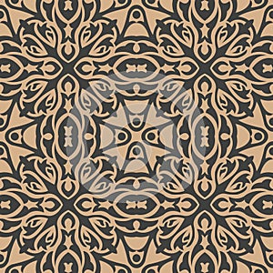 Vector damask seamless retro pattern background oval curve cross plant vine flower. Elegant luxury brown tone design for