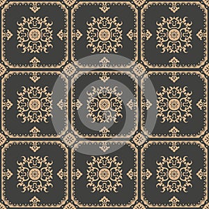 Vector damask seamless retro pattern background polygon frame spiral curve cross plant vine flower. Elegant luxury brown tone